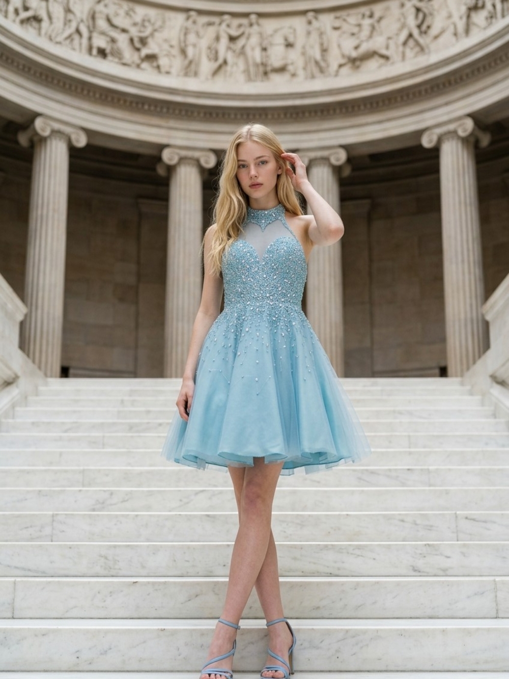 Embellished Light Blue Halter Mini Dress
